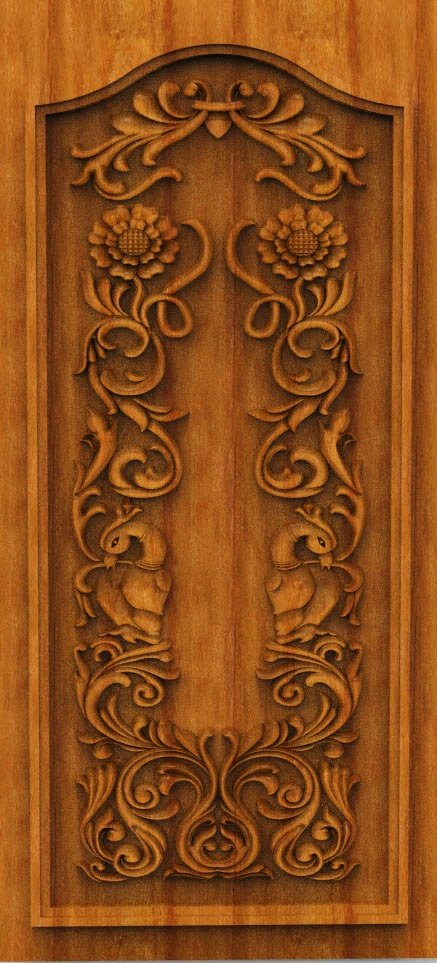 3D DOOR - OAK-65 Floral and Peacock Motif Intricate Carved Wood Panel